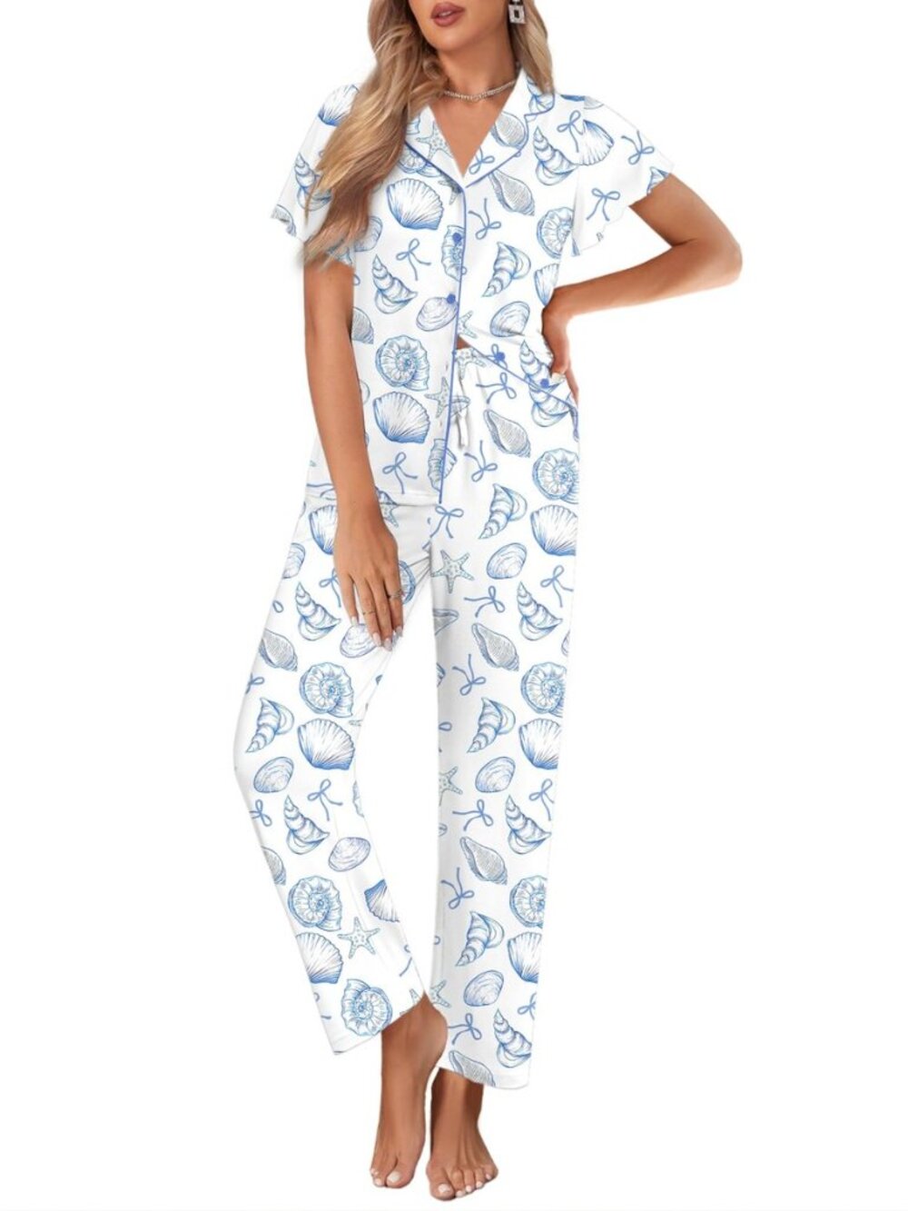 Pajamas for Women Set Ruffle Sleeve Button Up with Long Pants